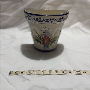 Vintage Floral Ceramic Planter with Blue Accents